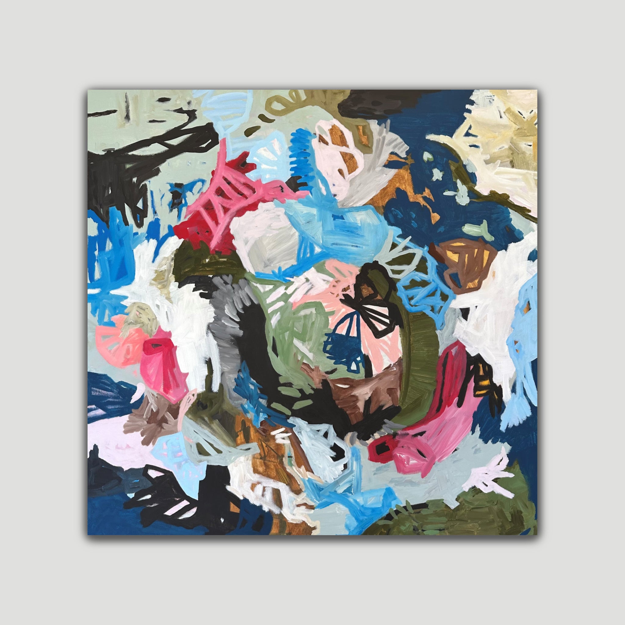 Square, colourful abstract painting 'Where Its Wild' alluding to a garden and nature - front view