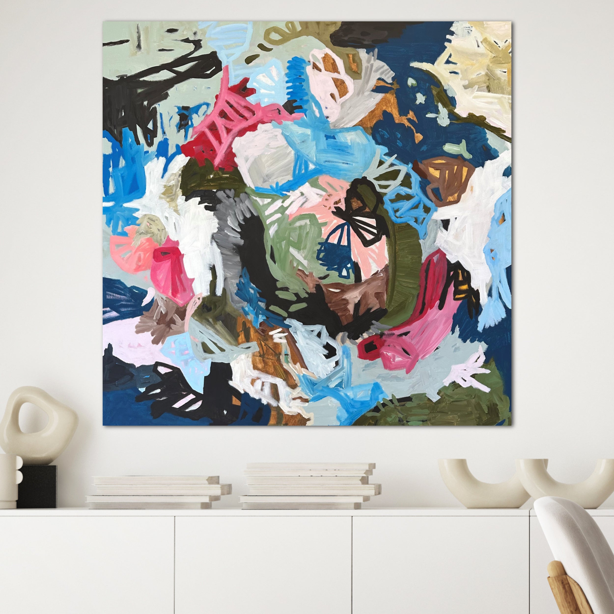 Nature inspired abstract painting "Where Its Wild" hanging in minimalist contemporary living room