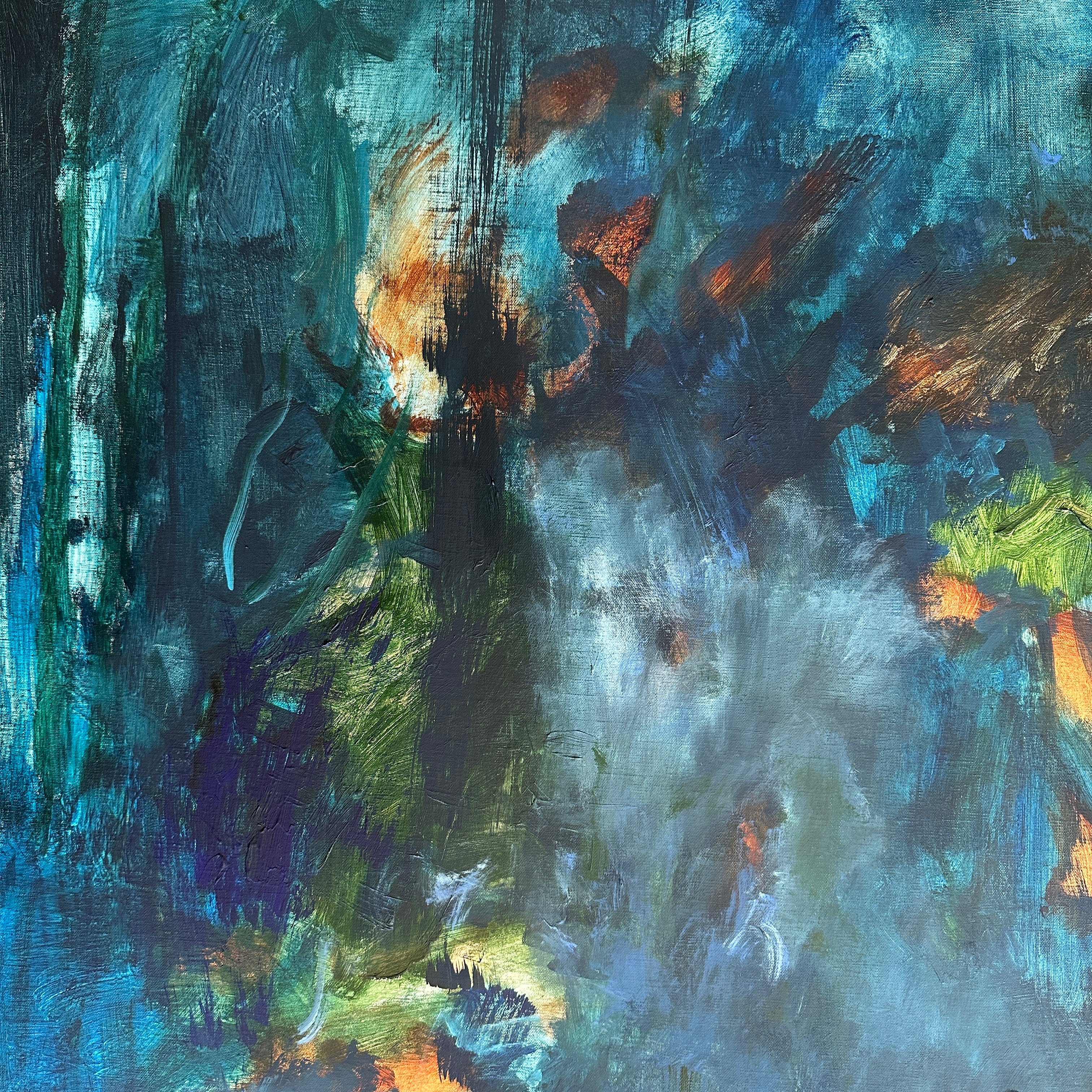 Where The Shadows Play - Close-up detail of expressive abstract art with sweeping brushstrokes and mark-making