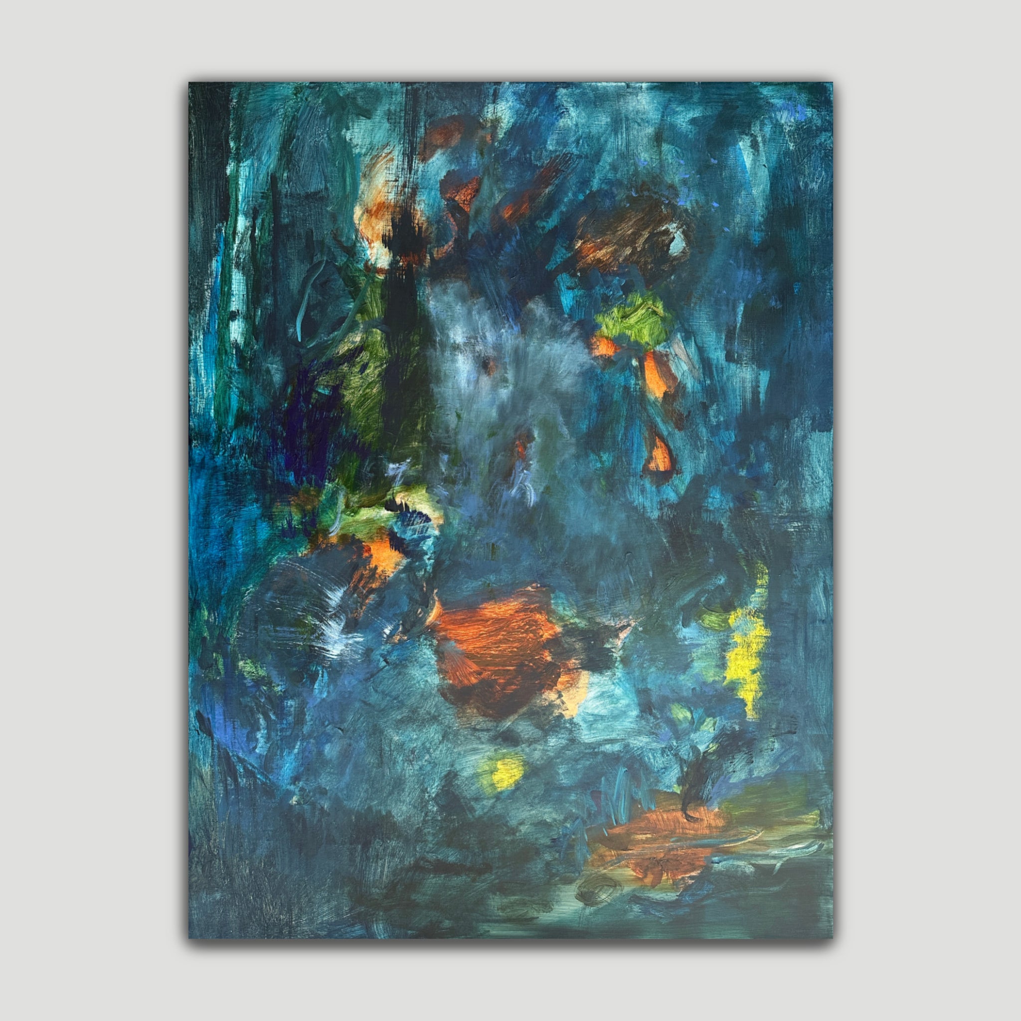 Original abstract painting “Where The Shadows Play” by Australian artist Kylie Sams, with deep moody tones, layered colour, and expressive brushstrokes - front