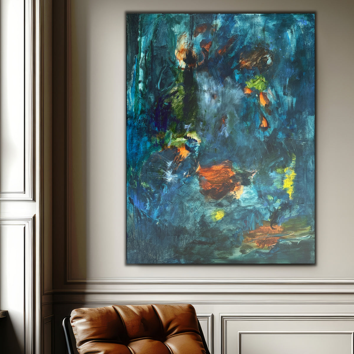 Abstract expressionist painting in dark blue, brown, green and hints of yellow hanging in neutral interior space.