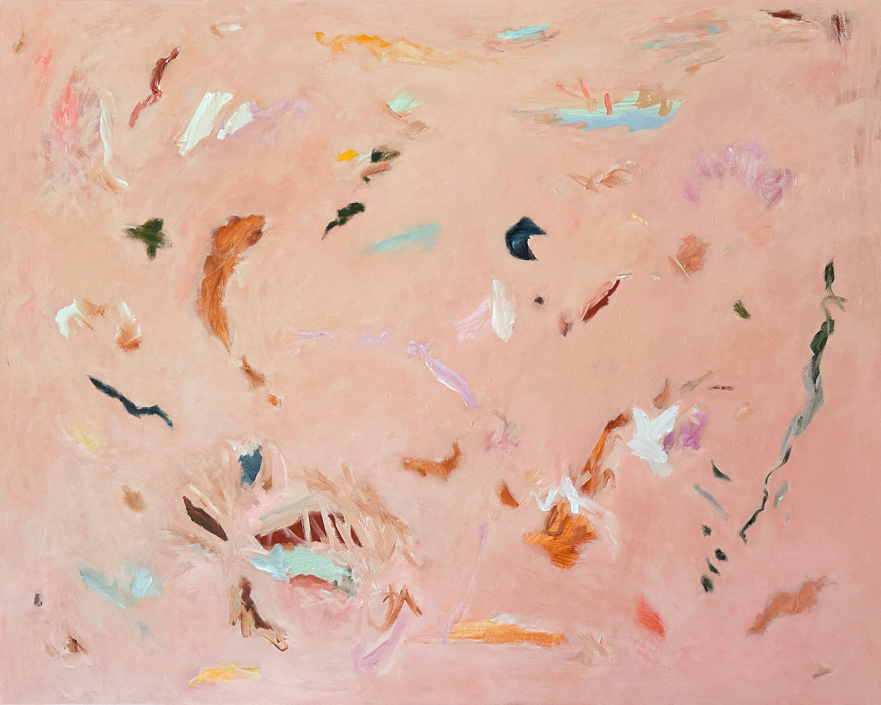 Large abstract painting in pale coral colour featuring gestural mark making in brown, light blue, green and white - cropped front view