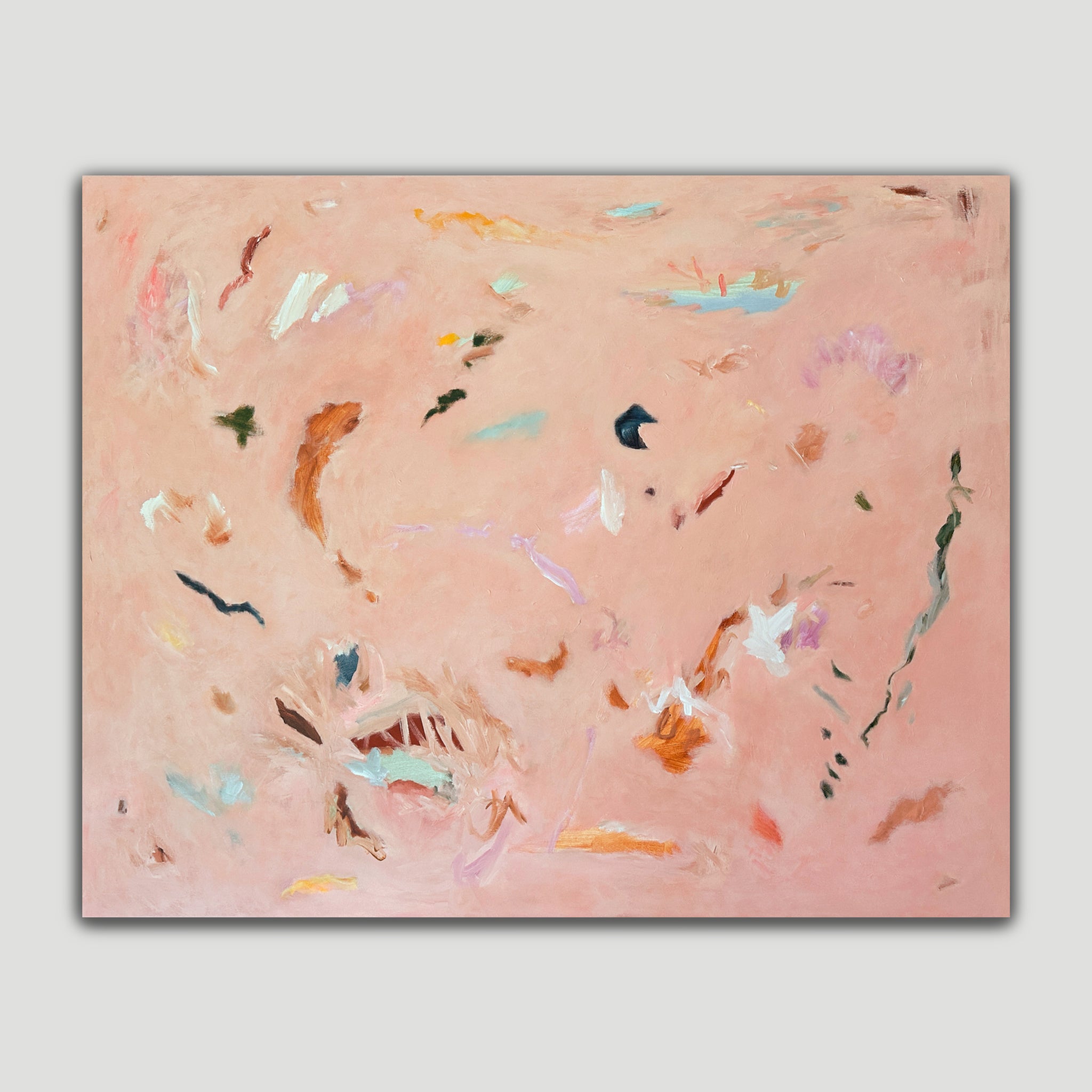 Abstract expressionist painting in blush pink colour featuring organic shapes and expressive mark making - front view