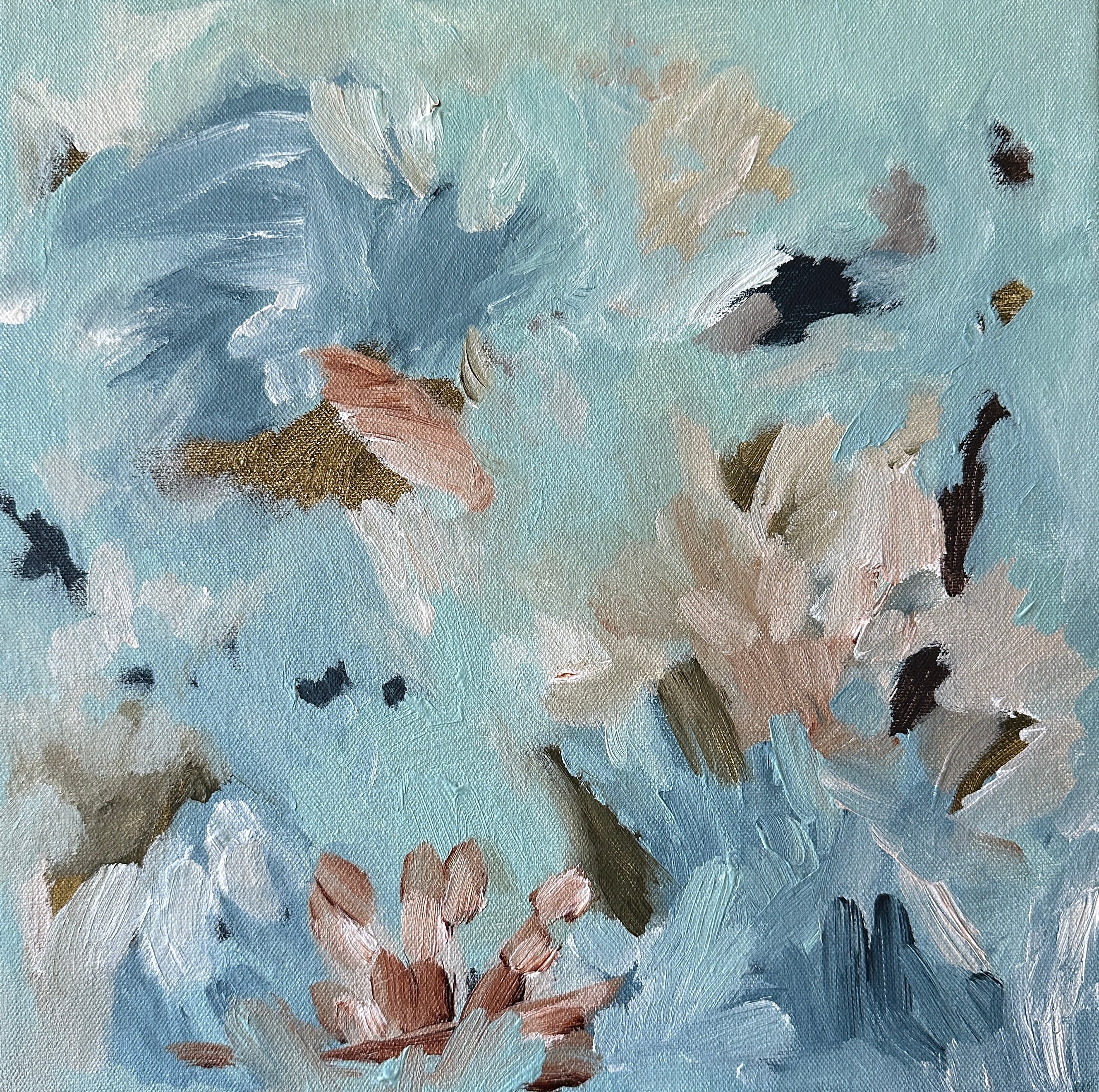 Small, light blue abstract painting inspired by nature cropped front view