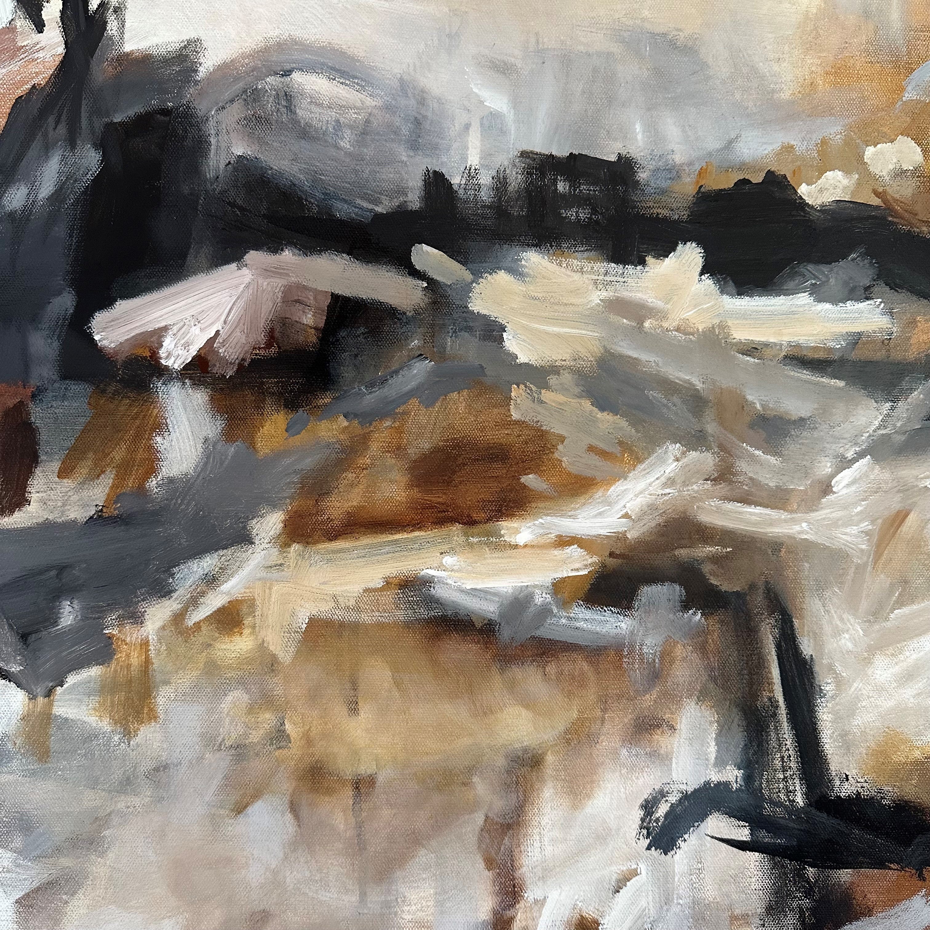 Close-up detail of neutral abstract painting inspired by nature and the wild earth, on canvas