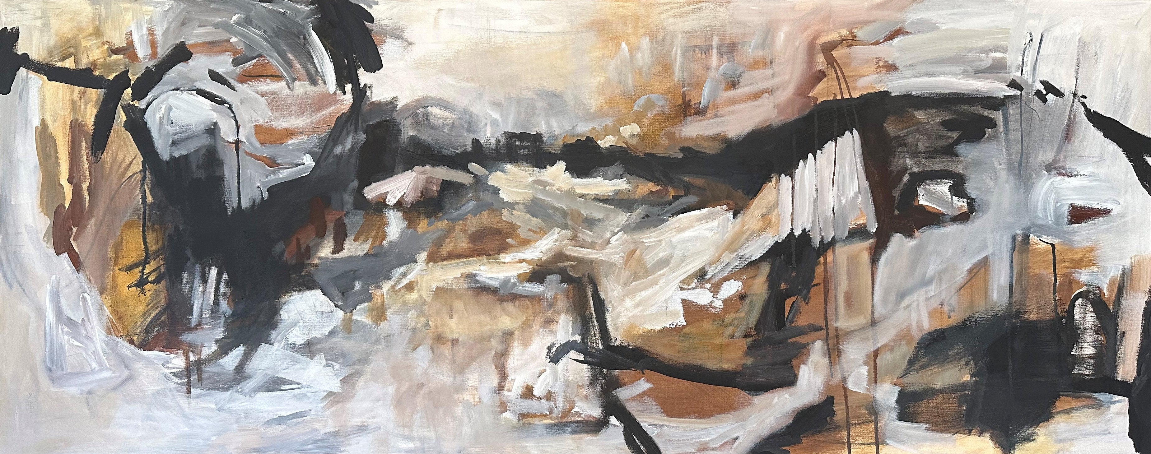 Contemporary abstract painting inspired by the country and travel, in neutral colours of black, brown, grey, beige and white - cropped front view