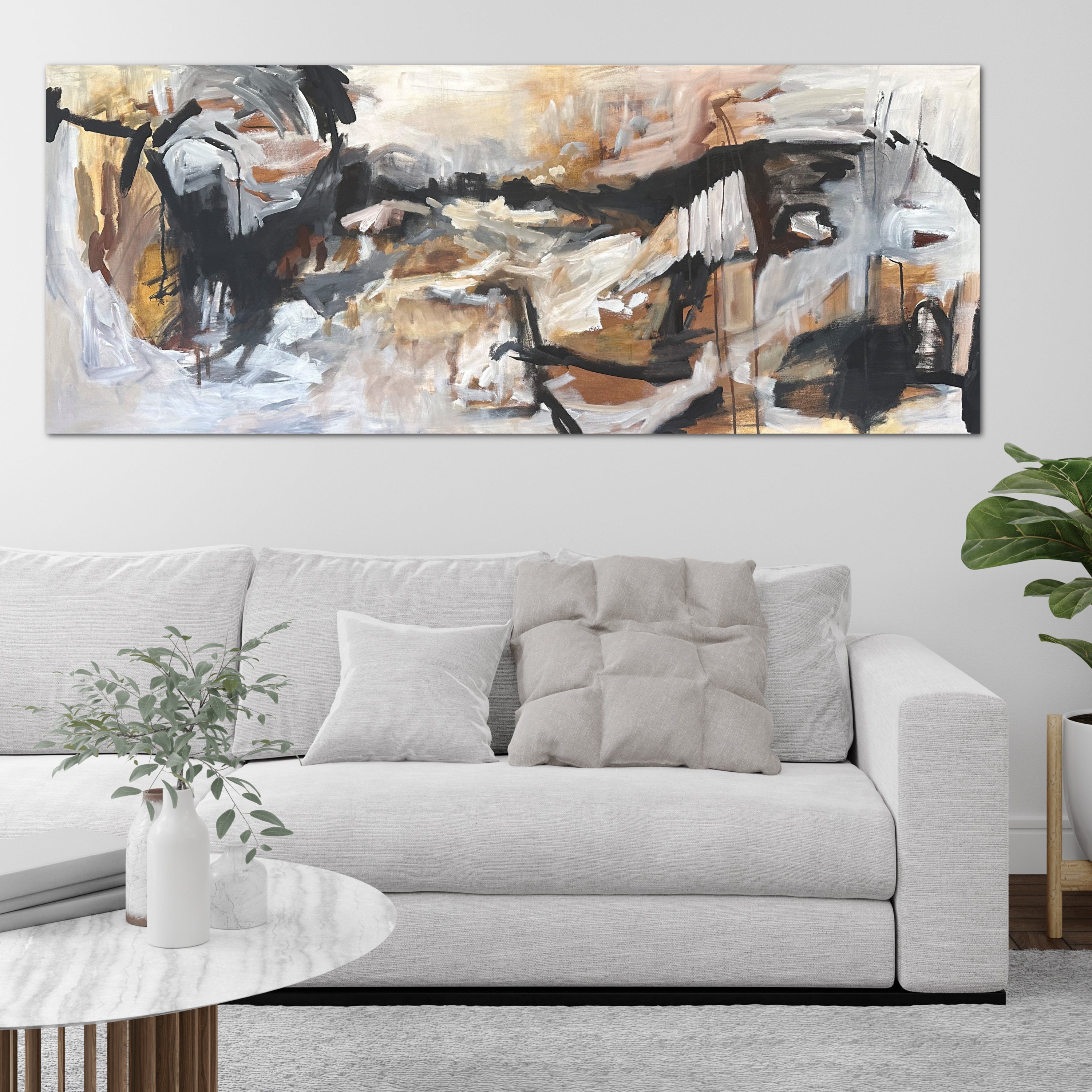 Abstract expressionist painting influenced by nature and the Australian outback hanging on wall in modern living room