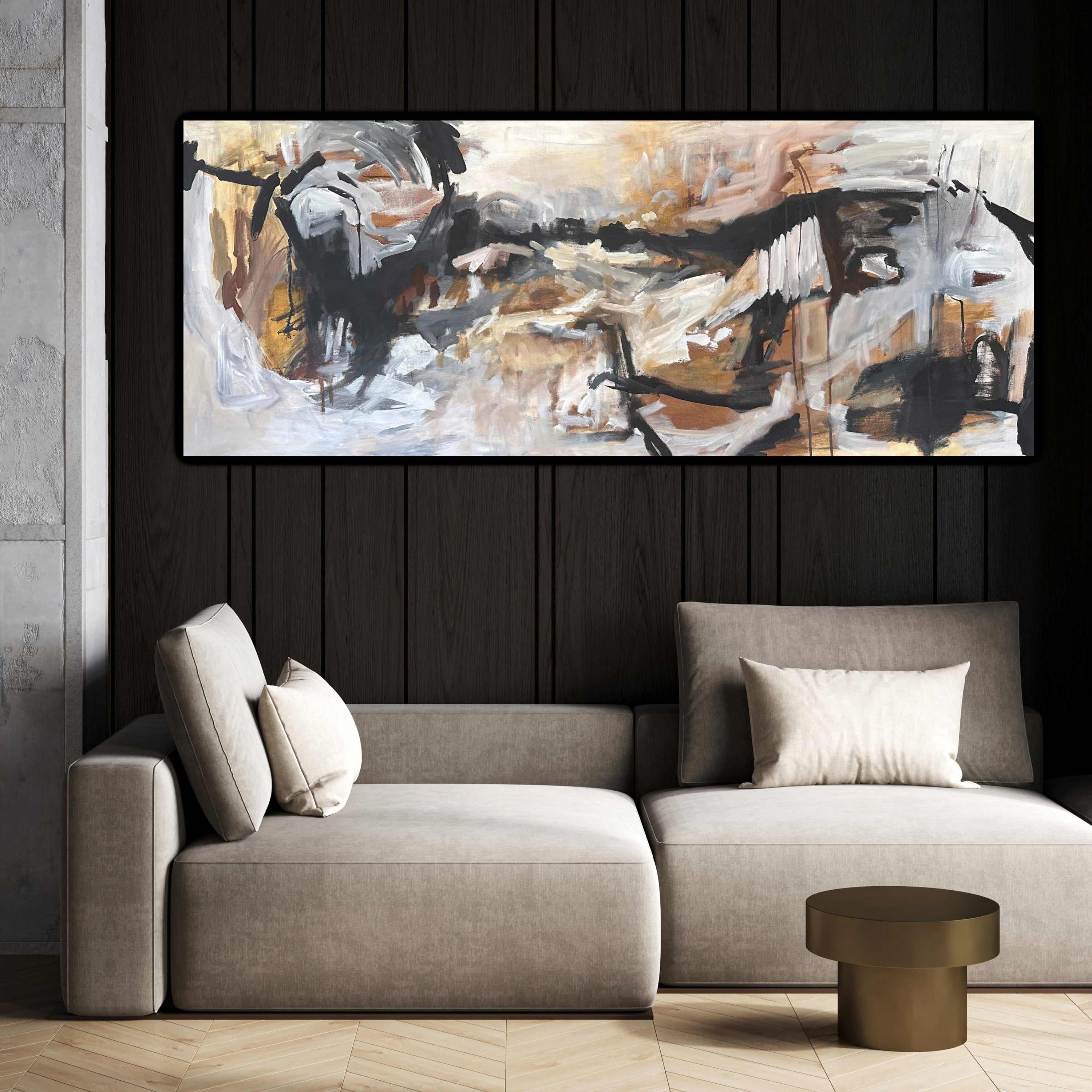 Neutral abstract painting with nature theme, hanging on wall in contemporary lounge room with dark walls