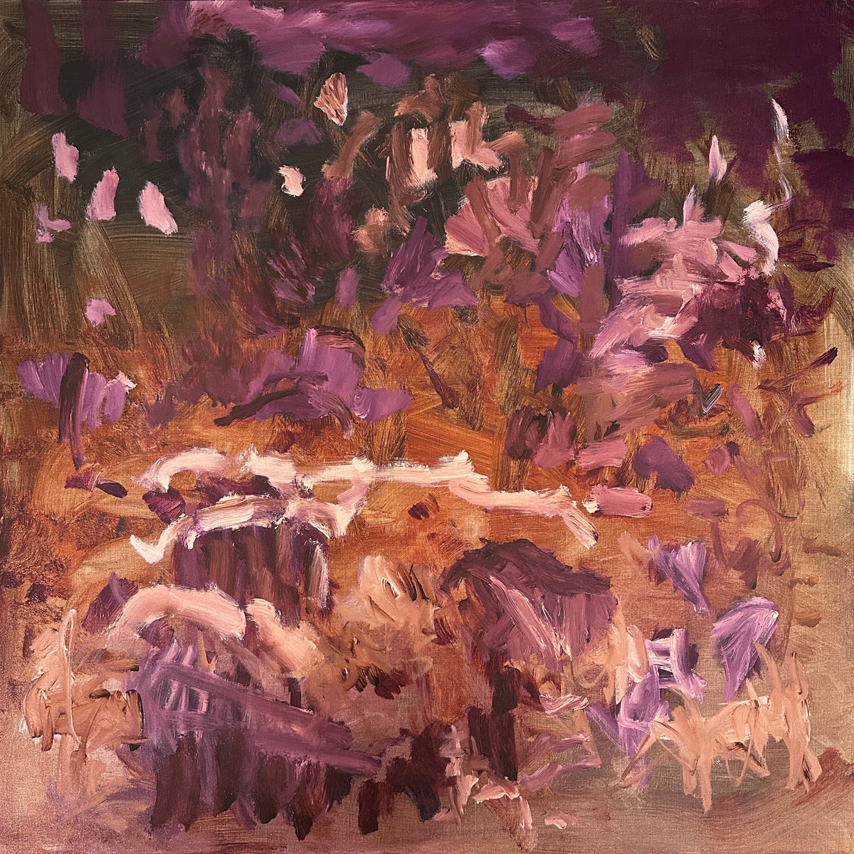 An abstract expressionist painting with gestural brush strokes and mark-making in burgundy, maroon, brown and blush pink.