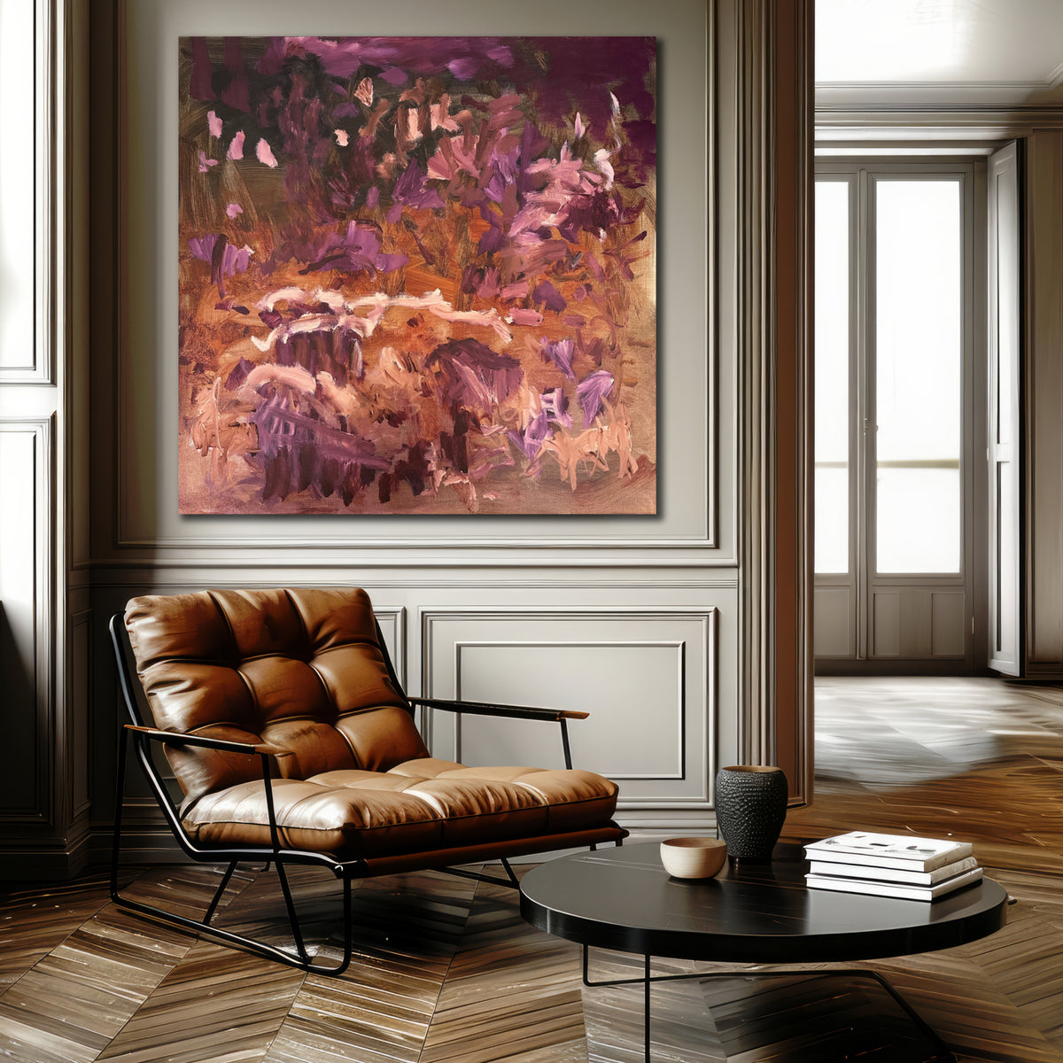 A large square abstract artwork in warm colours of brown, burgundy, blush pink and black hanging on wall in a modern neutral interior space.