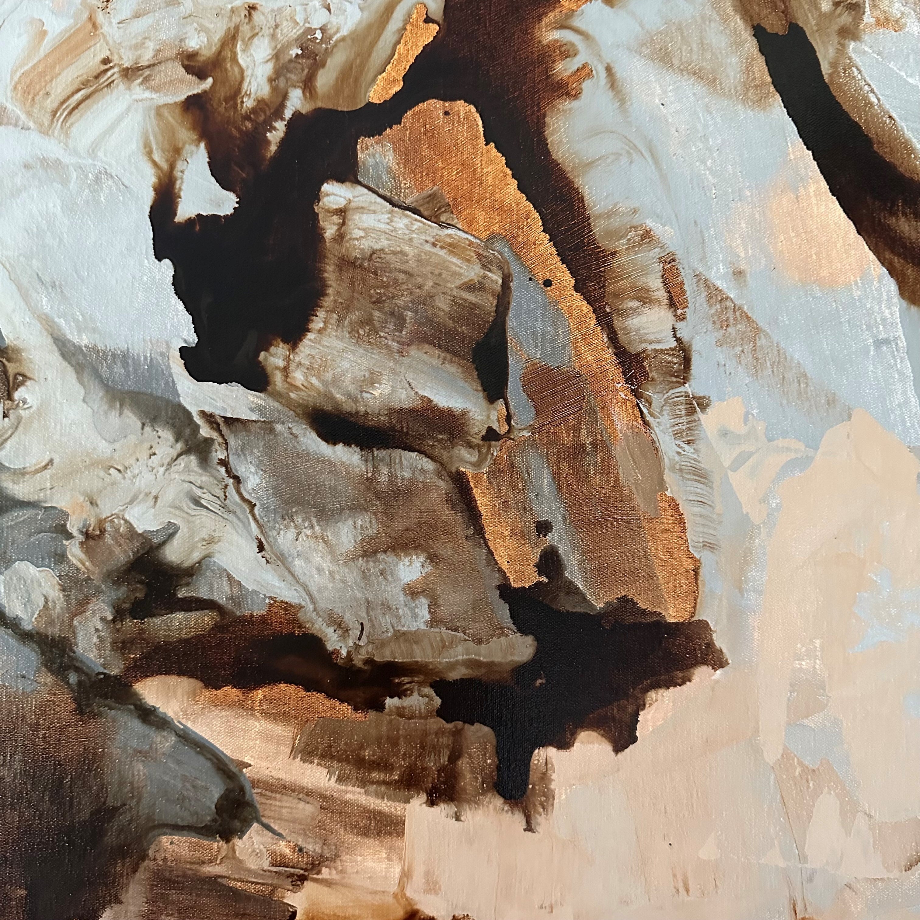 Close-up detail of gestural brown, beige and grey painting on canvas with similarities to the earth or rock surface
