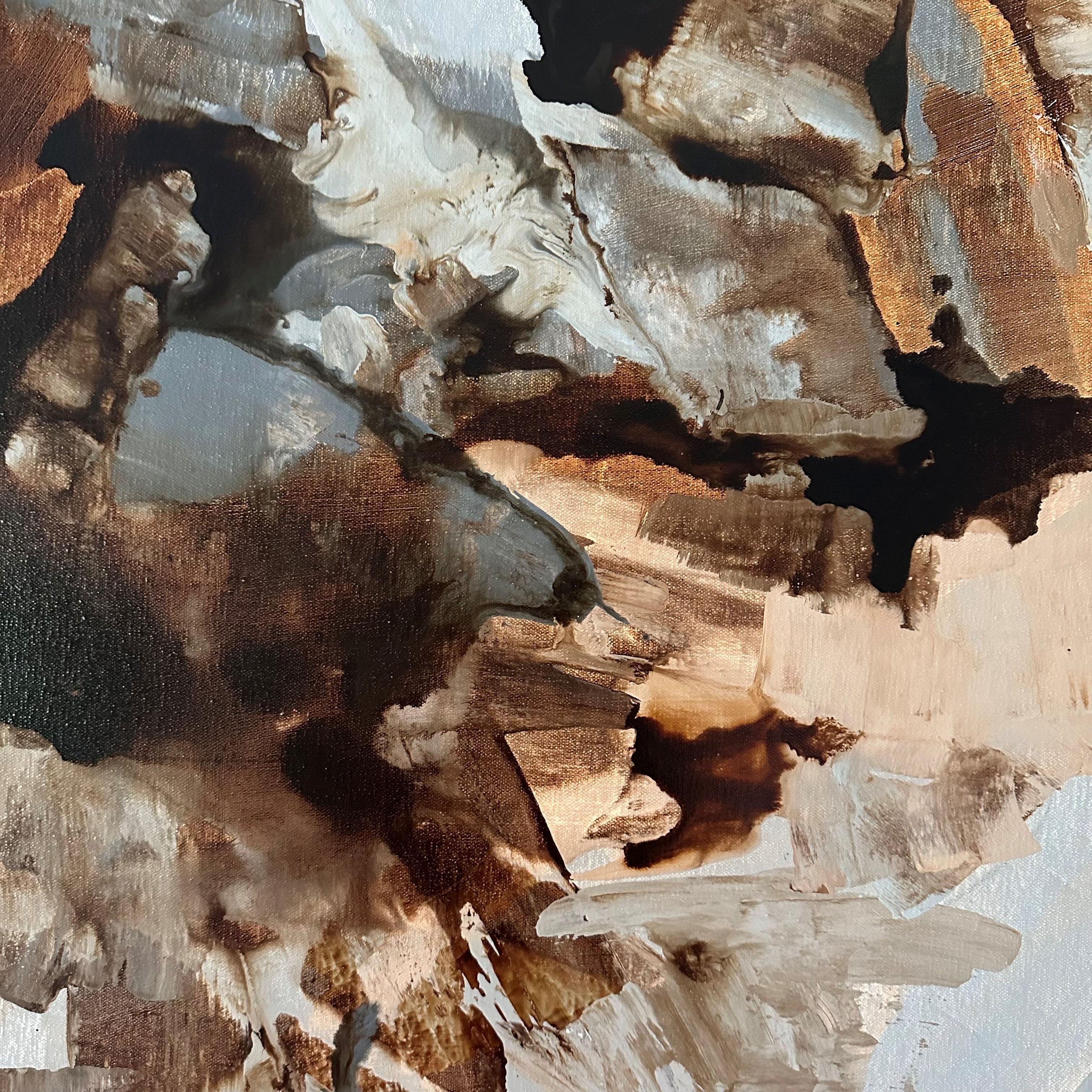 Close-up detail of abstract expressionist painting on canvas in brown, grey and beige