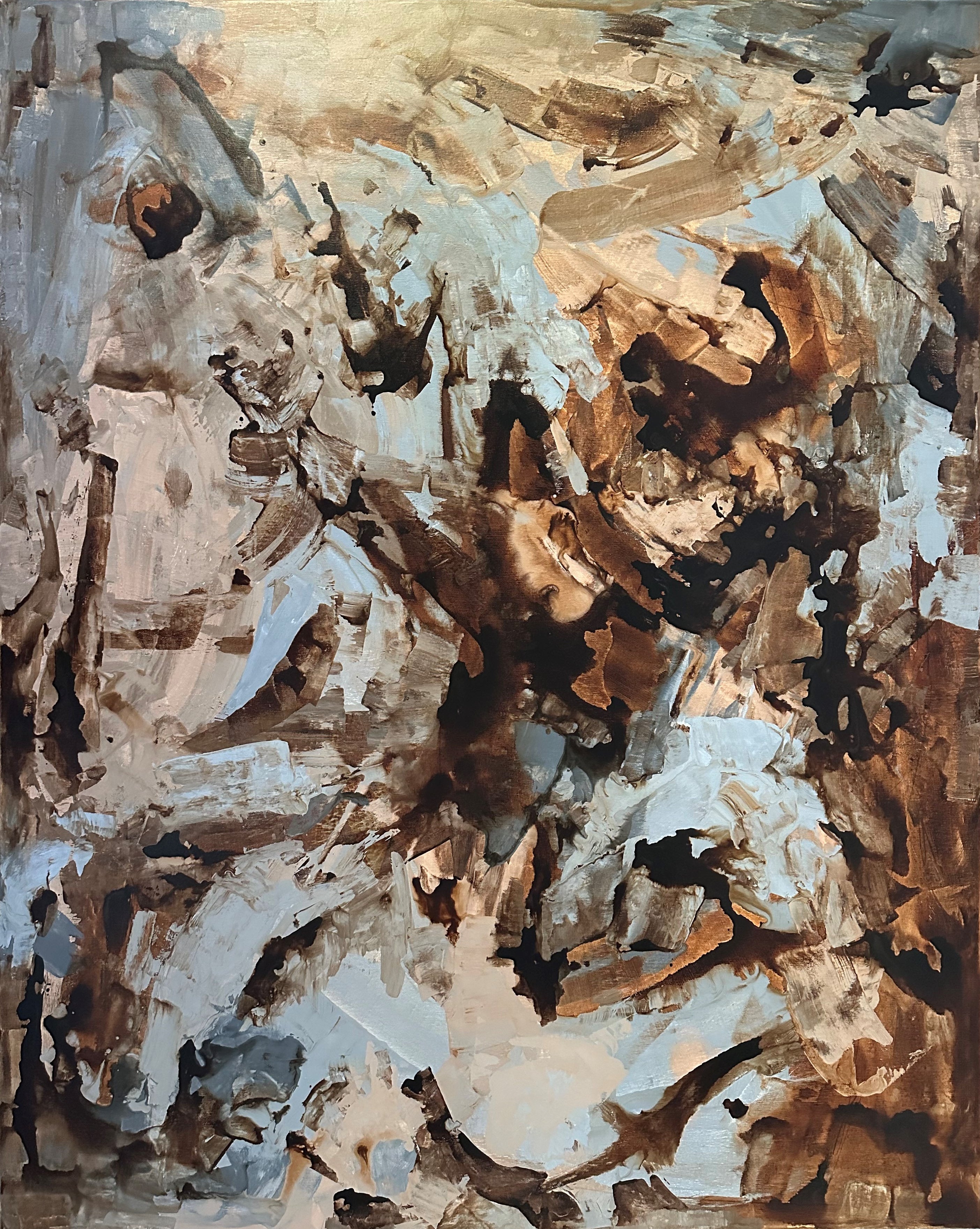Large grey, beige and brown abstract painting inspired by nature , earth, rocks and stones - cropped front view