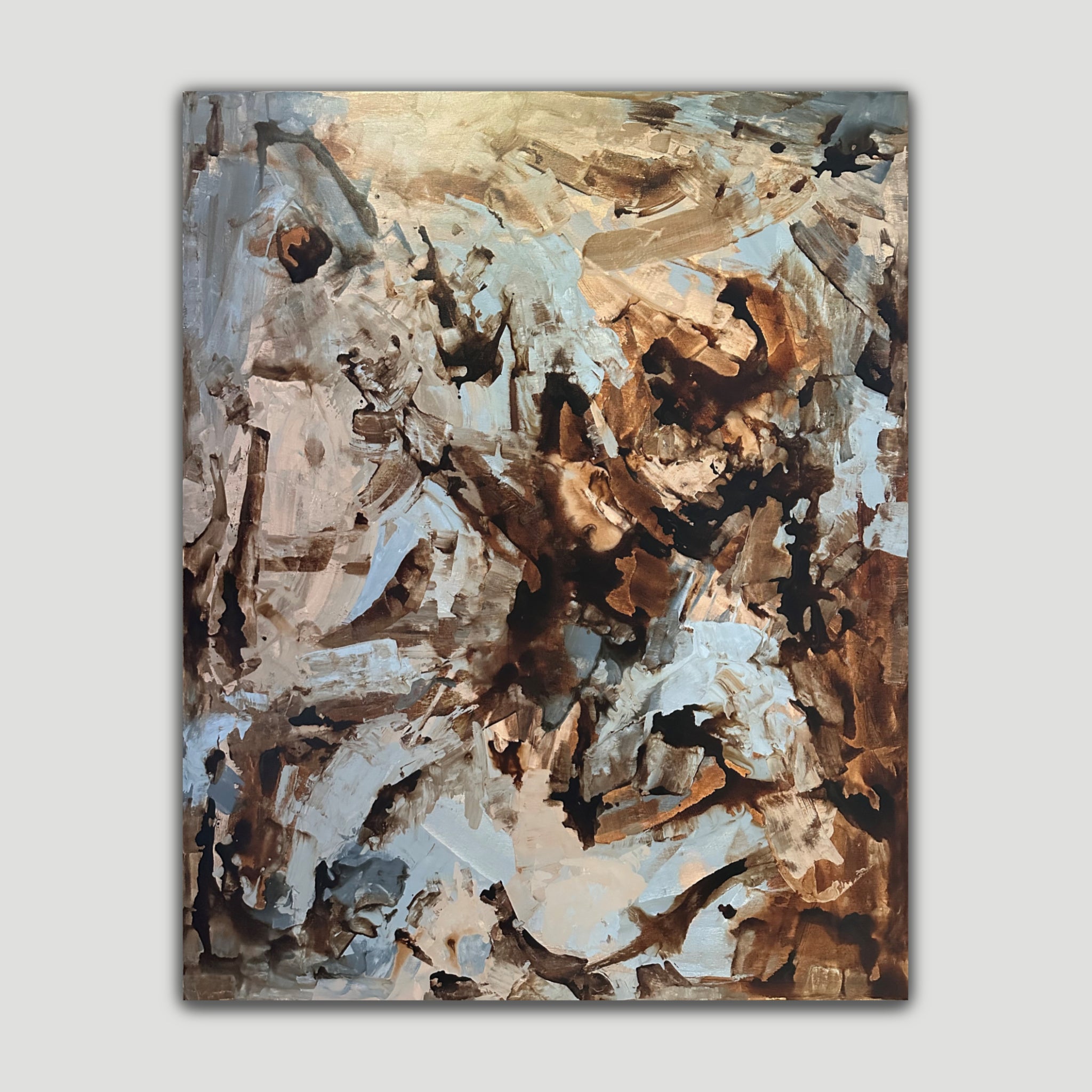 Large abstract painting in brown and grey and neutral tones with an expressive, fluid feel - front view