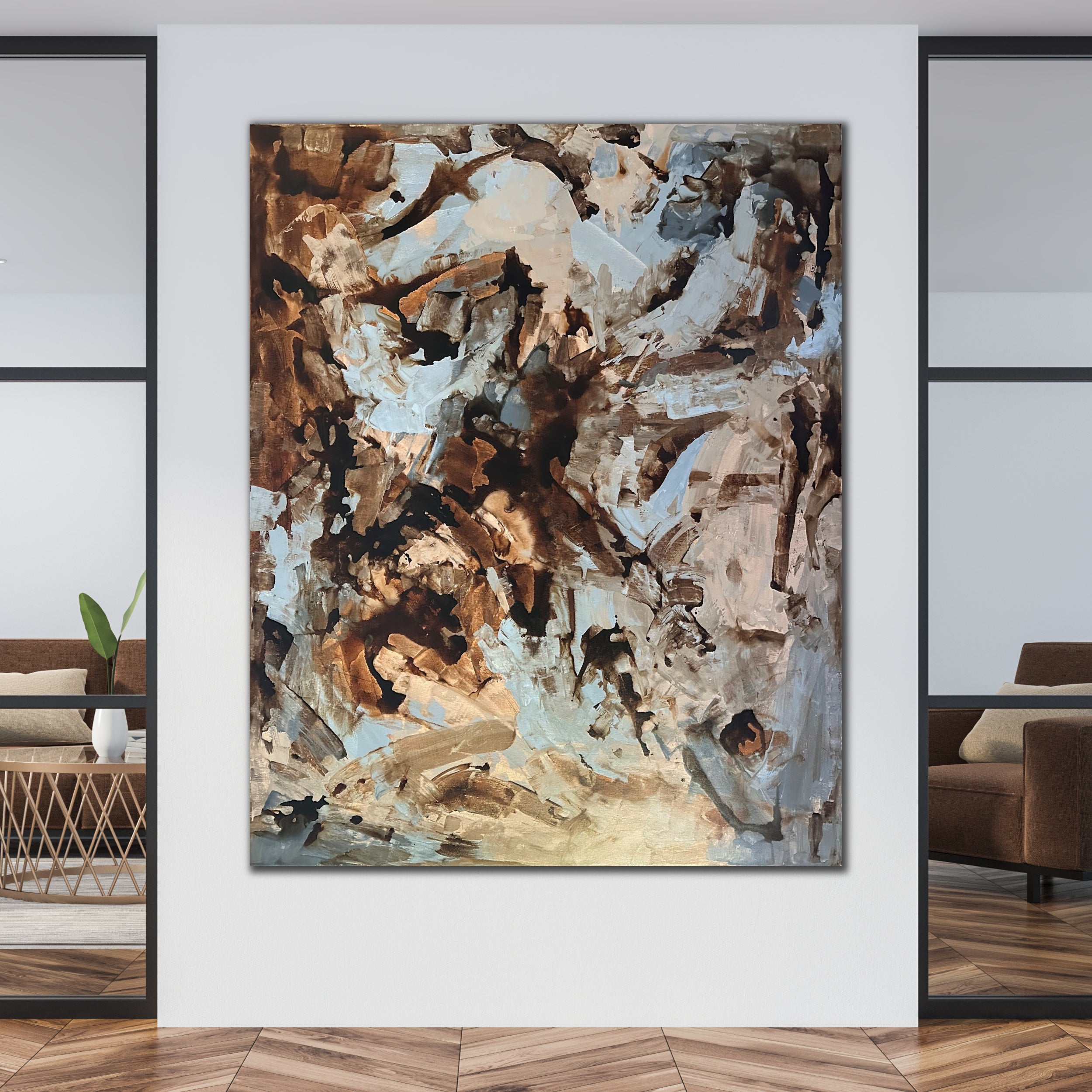 Large abstract painting in neutral, earthy colours hanging on wall in modern home