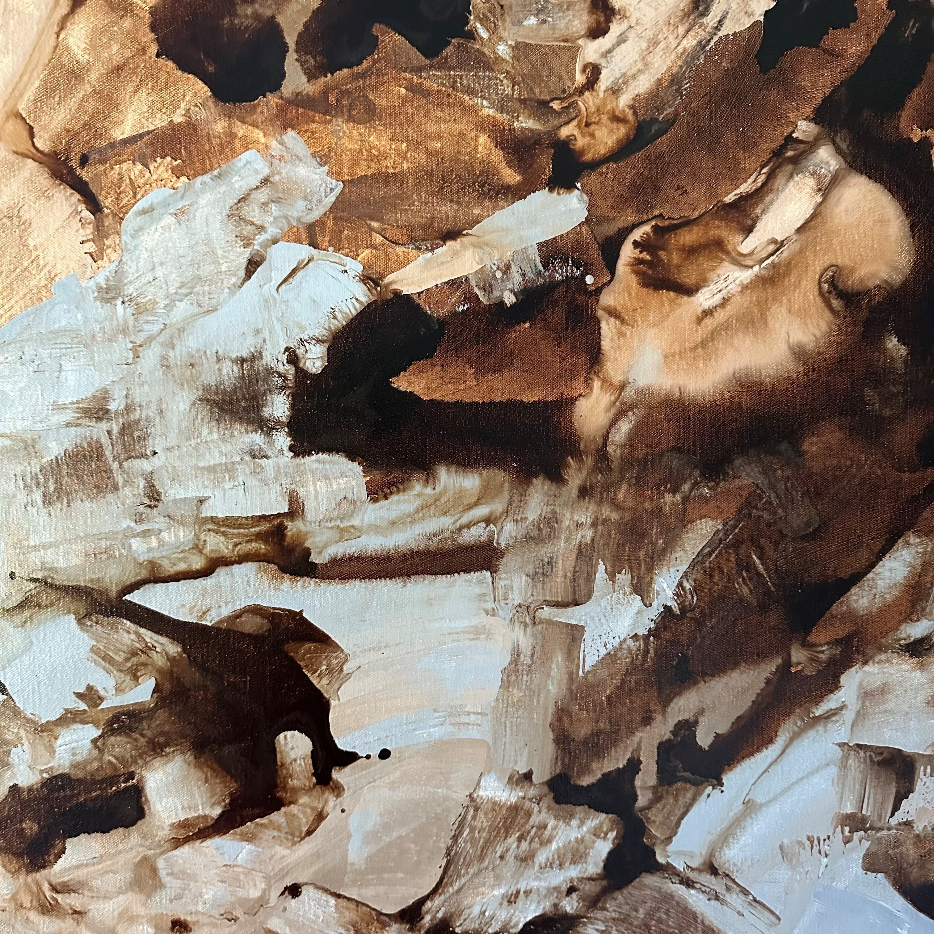 Close-up detail of intriguing, expressive brown and grey painting resembling earth and rocks on canvas