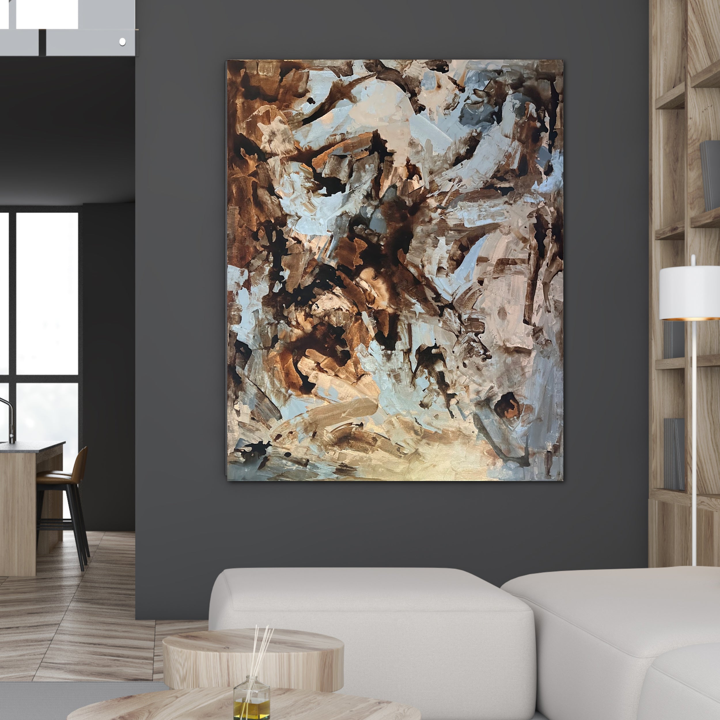 Big abstract artwork in natural tones and expressive, luxury style hanging on wall in contemporary living room
