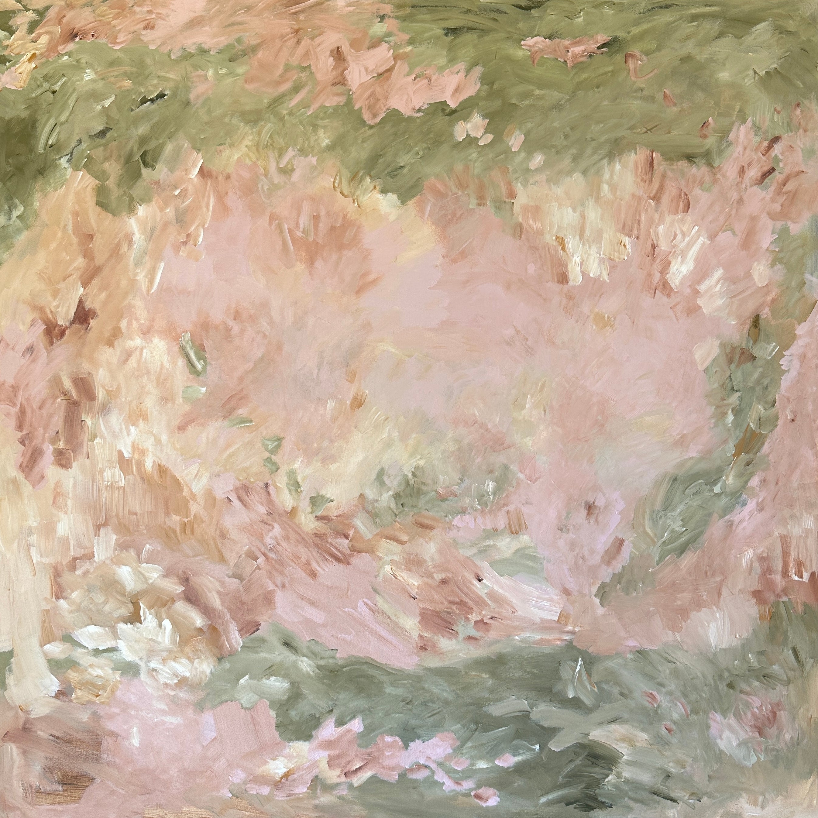 Calming abstract painting in earthy tones of green, blush pink, brown and white – cropped front view