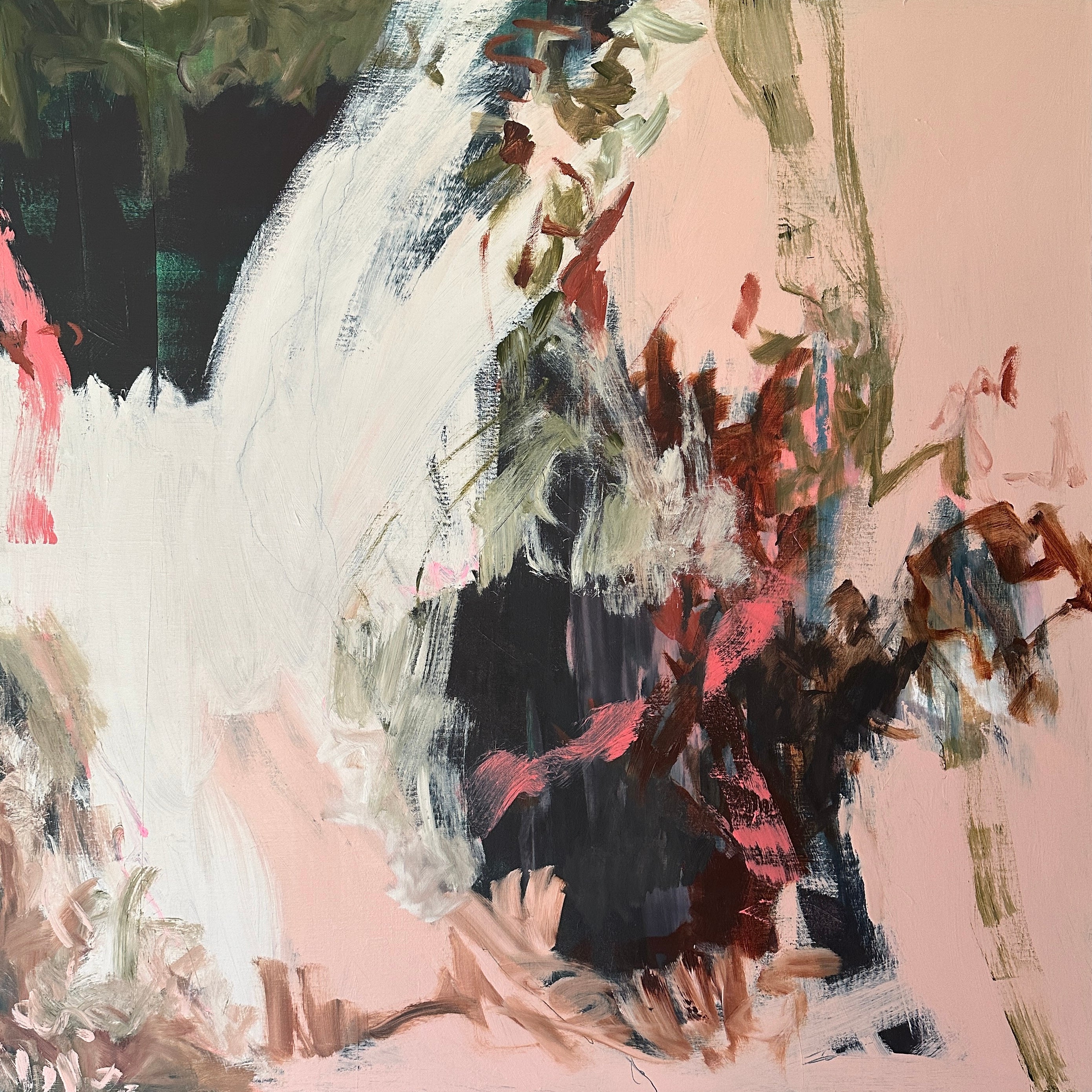 Square, modern abstract painting in green, black, white and pink - cropped front view