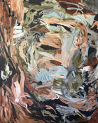 An abstract expressionist painting Catch Me If You Can by Kylie Sams featuring textured, expressive brushstrokes in earthy tones of brown, beige, sage green, light blue, and black.