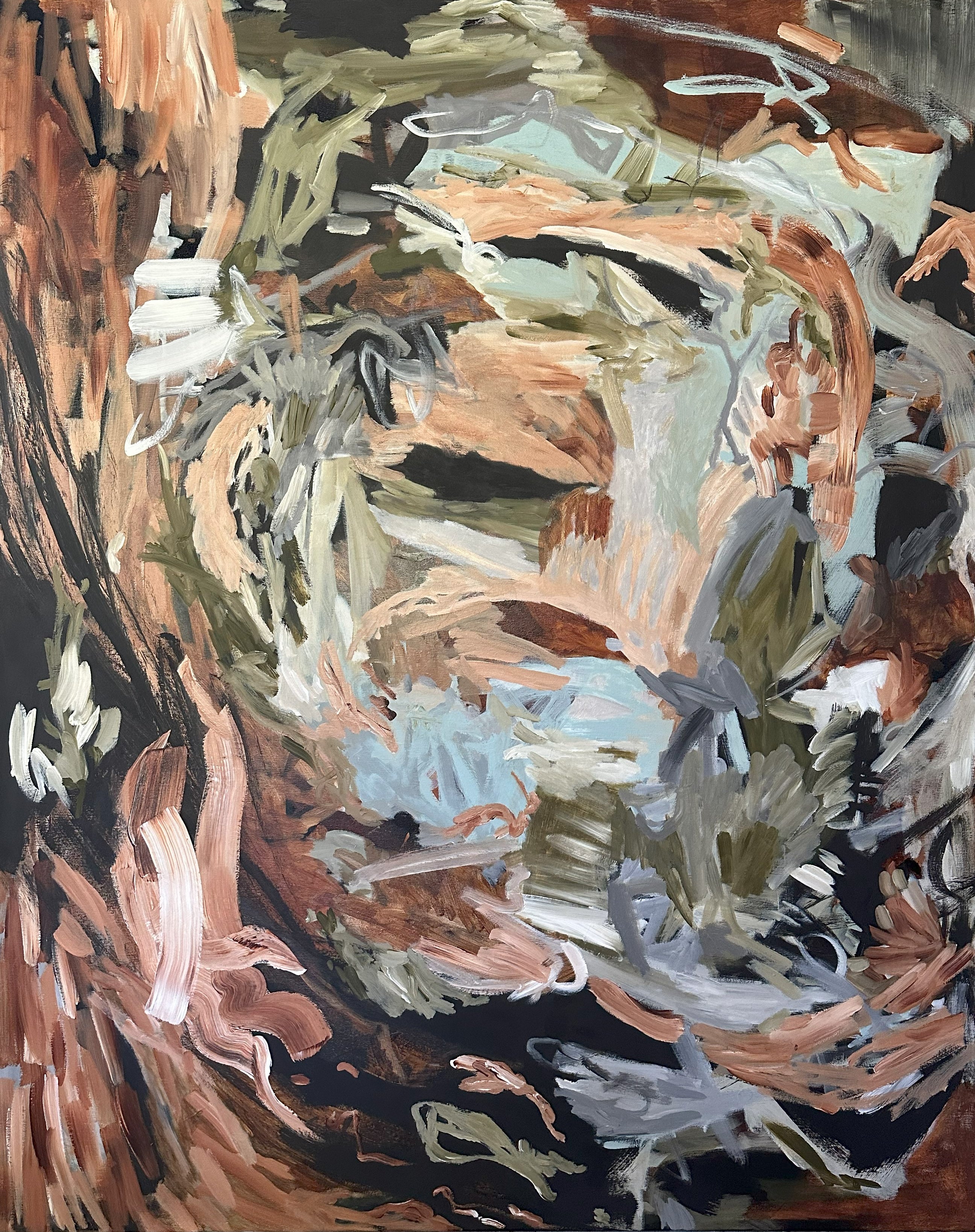 An abstract expressionist painting Catch Me If You Can by Kylie Sams featuring textured, expressive brushstrokes in earthy tones of brown, beige, sage green, light blue, and black.
