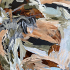 Close up detail of abstract painting with expressive brushstrokes in warm beige, brown, black, olive green, grey, and soft blue tones.