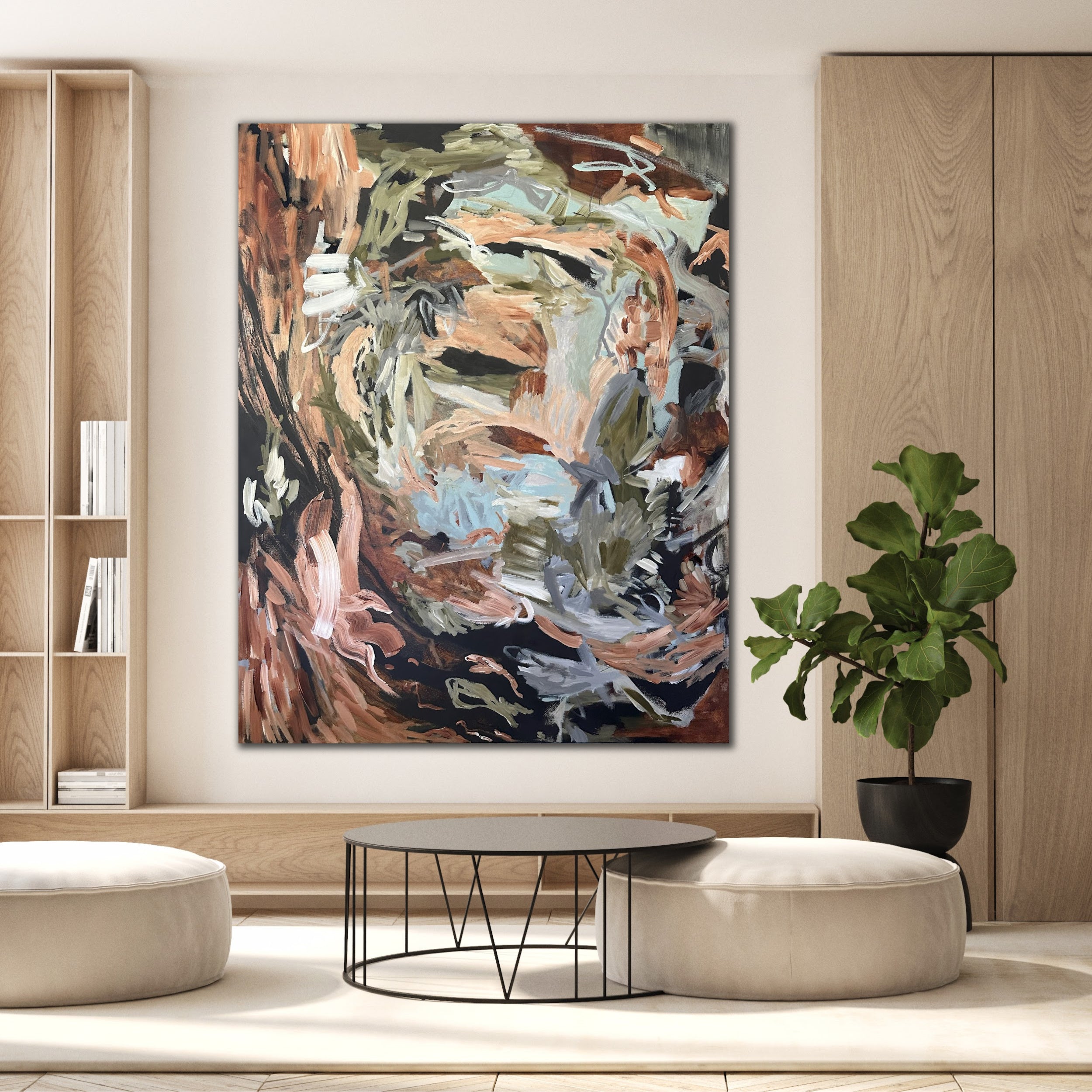 Contemporary painting Catch Me If You Can by Kylie Sams hanging on wall in neutral modern living room.