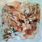 Expressive abstract painting alluding to a flower in soft blue and neutral tones with energetic brushstrokes and mark-making - cropped front view