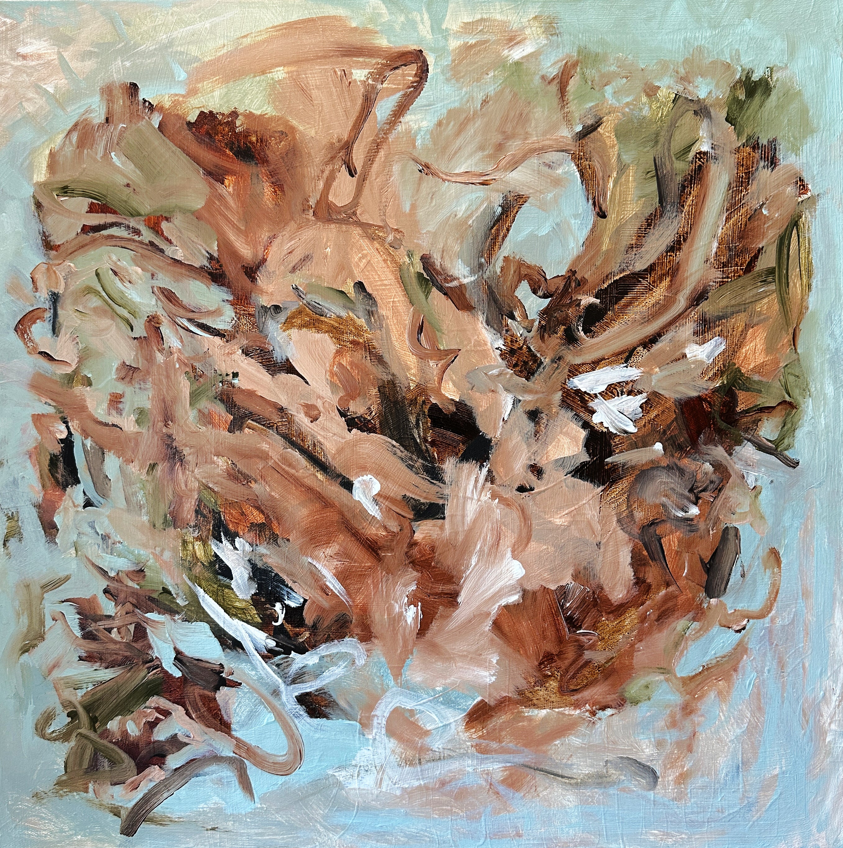 Expressive abstract painting alluding to a flower in soft blue and neutral tones with energetic brushstrokes and mark-making - cropped front view