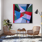 Large abstract geometric painting Hello I Love You by Kylie Sams hanging on wall in modern interior