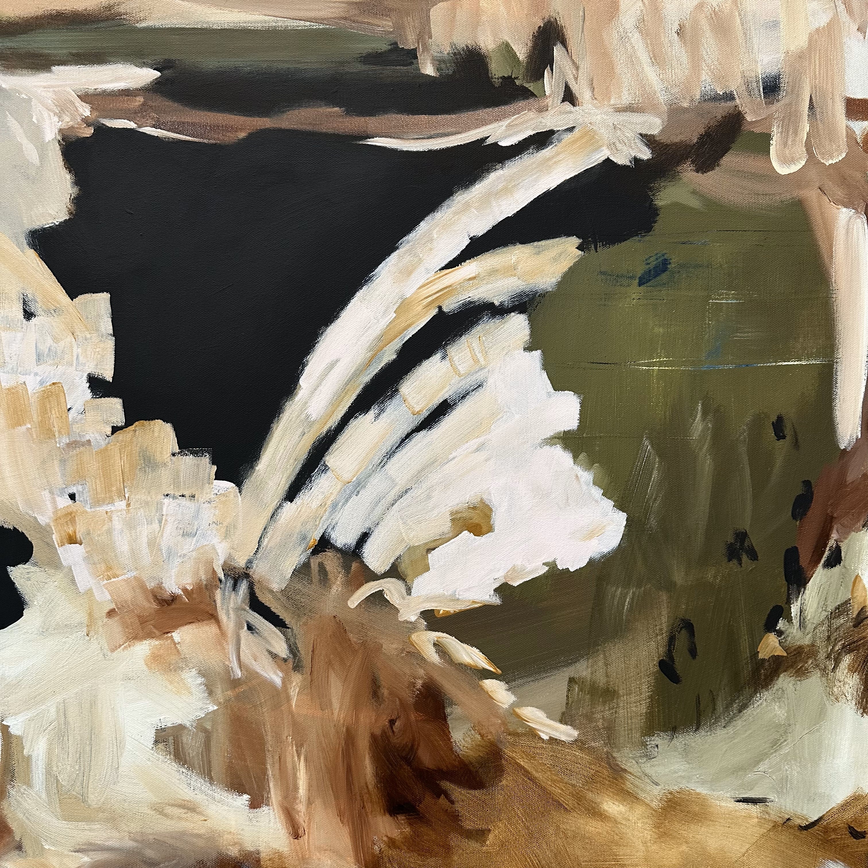 Close up detail of abstract art with brown, black, olive green and white brush strokes