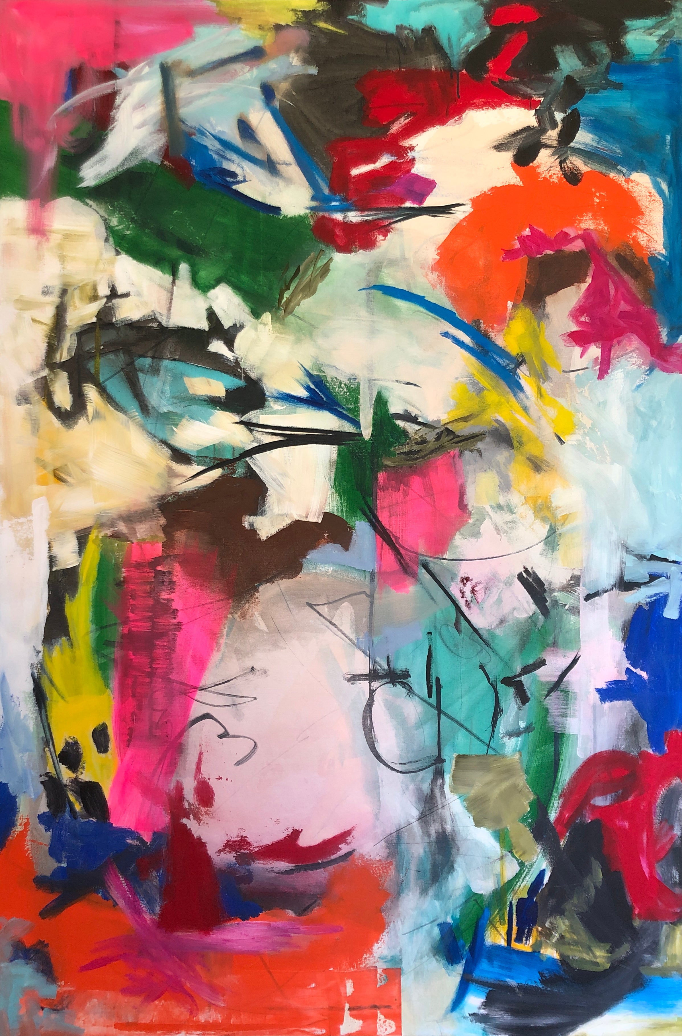 An abstract expressionist painting In Great Splendour by Kylie Sams featuring a dynamic composition of bold, expressive brushstrokes in red, pink, green, blue, yellow, black, and white.