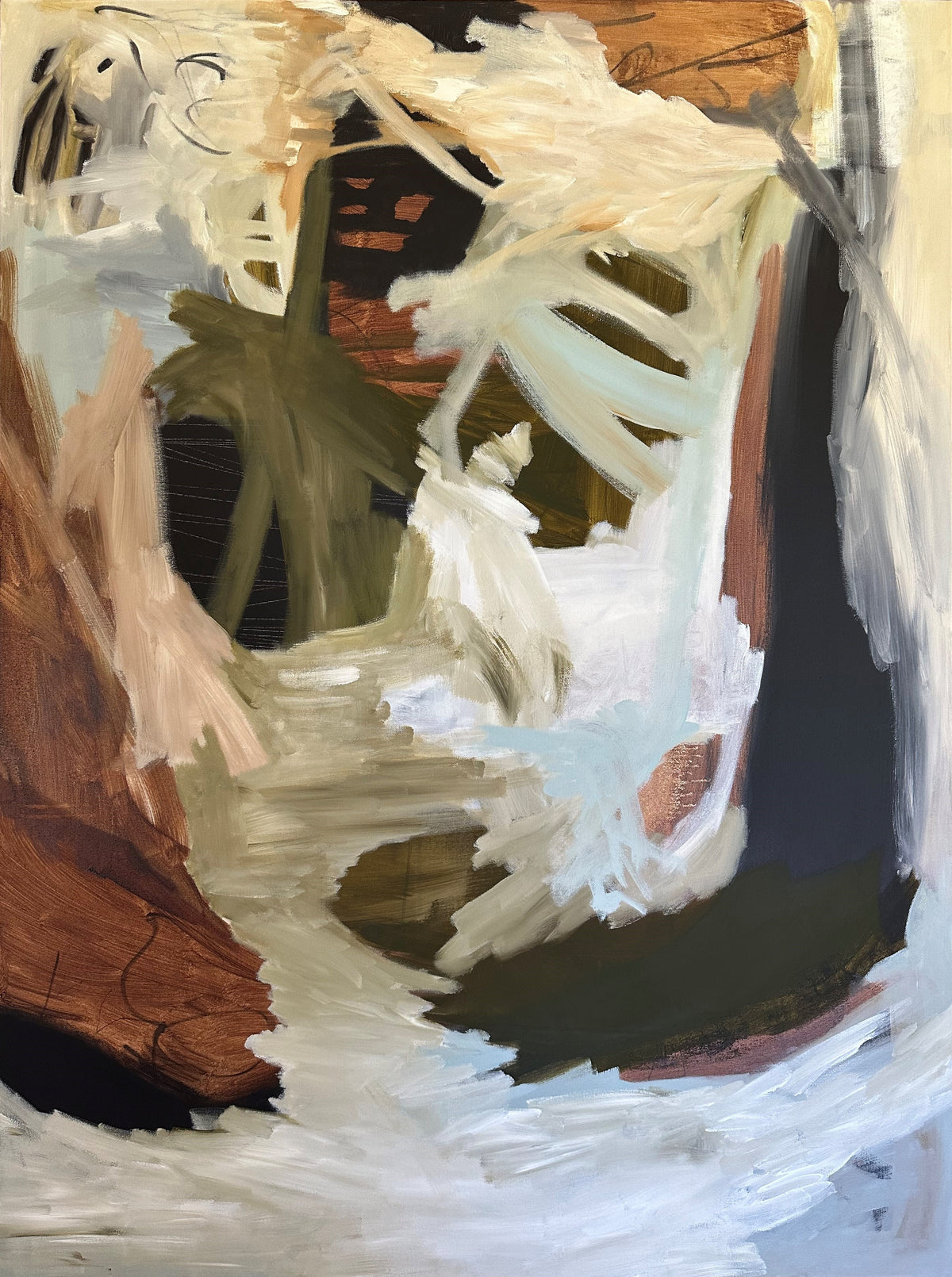 Abstract painting with expressive brushstrokes and mark-making in olive green, brown, white black, soft blue, white and beige. 