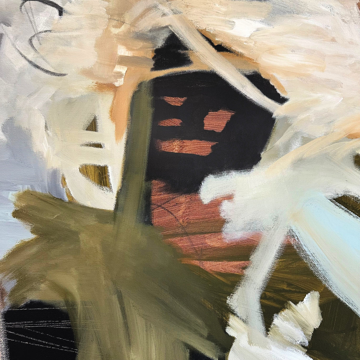 Close up detail of abstract painting in olive green, light blue, white, grey, beige, brown and black.