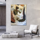 Contemporary abstract expressionist painting in on canvas hanging on modern interior space.