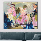 Colourful, large abstract painting with expressive brushstrokes and mark-making hanging above sofa in modern living room.