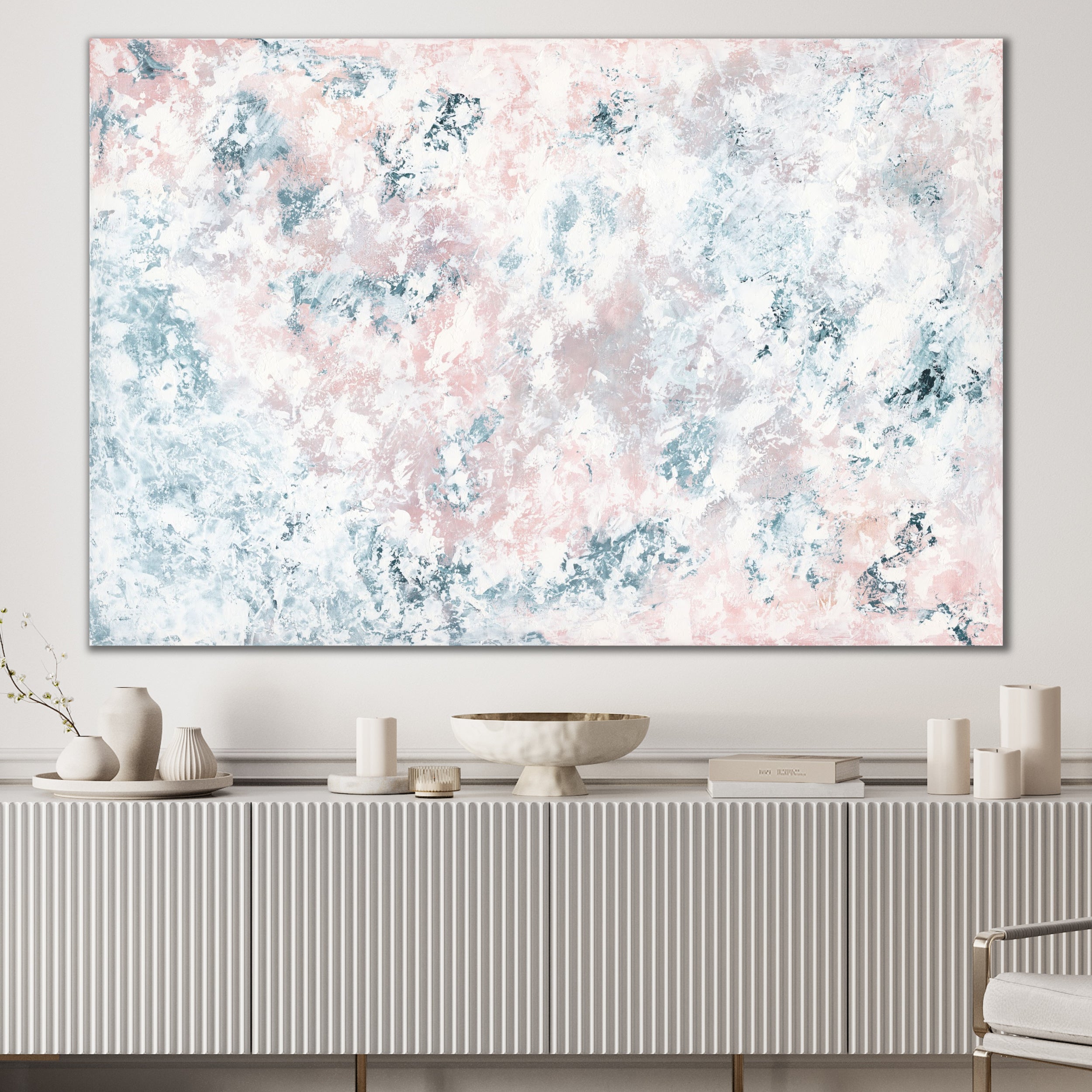 Large abstract painting hanging in neutral contemporary interior.