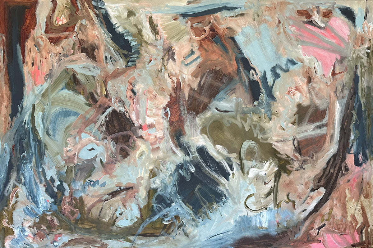 An abstract expressionist painting featuring gestural brushstrokes and mark making in shades of pink, blue, olive green, brown and beige.