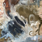 A close up detail of an expressive abstract painting with gestural brushstrokes in beige, brown, white, olive green and tones of blue. 