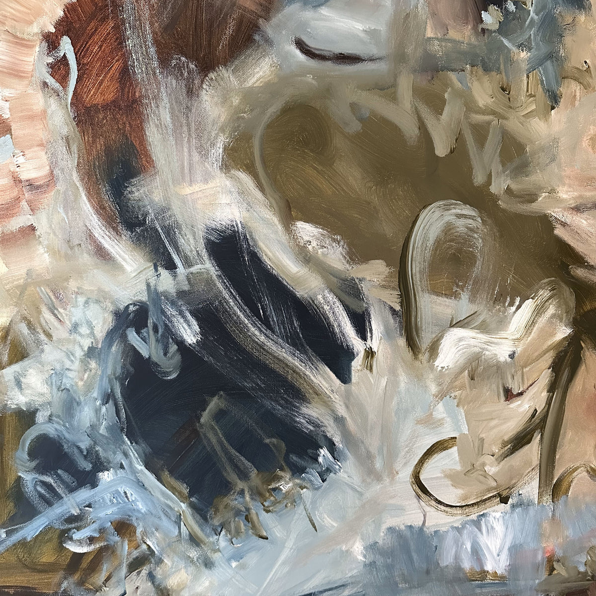 A close up detail of an expressive abstract painting with gestural brushstrokes in beige, brown, white, olive green and tones of blue. 