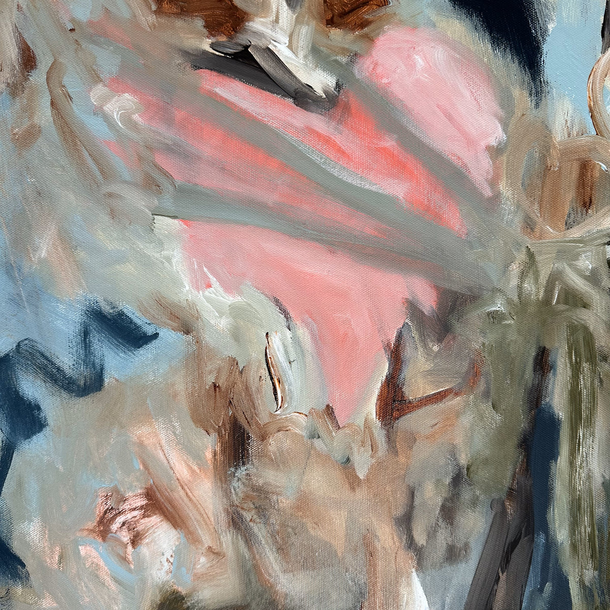 Close up detail of an abstract painting with expressive brushstrokes in pink, beige, grey, blue, brown, olive green and white.