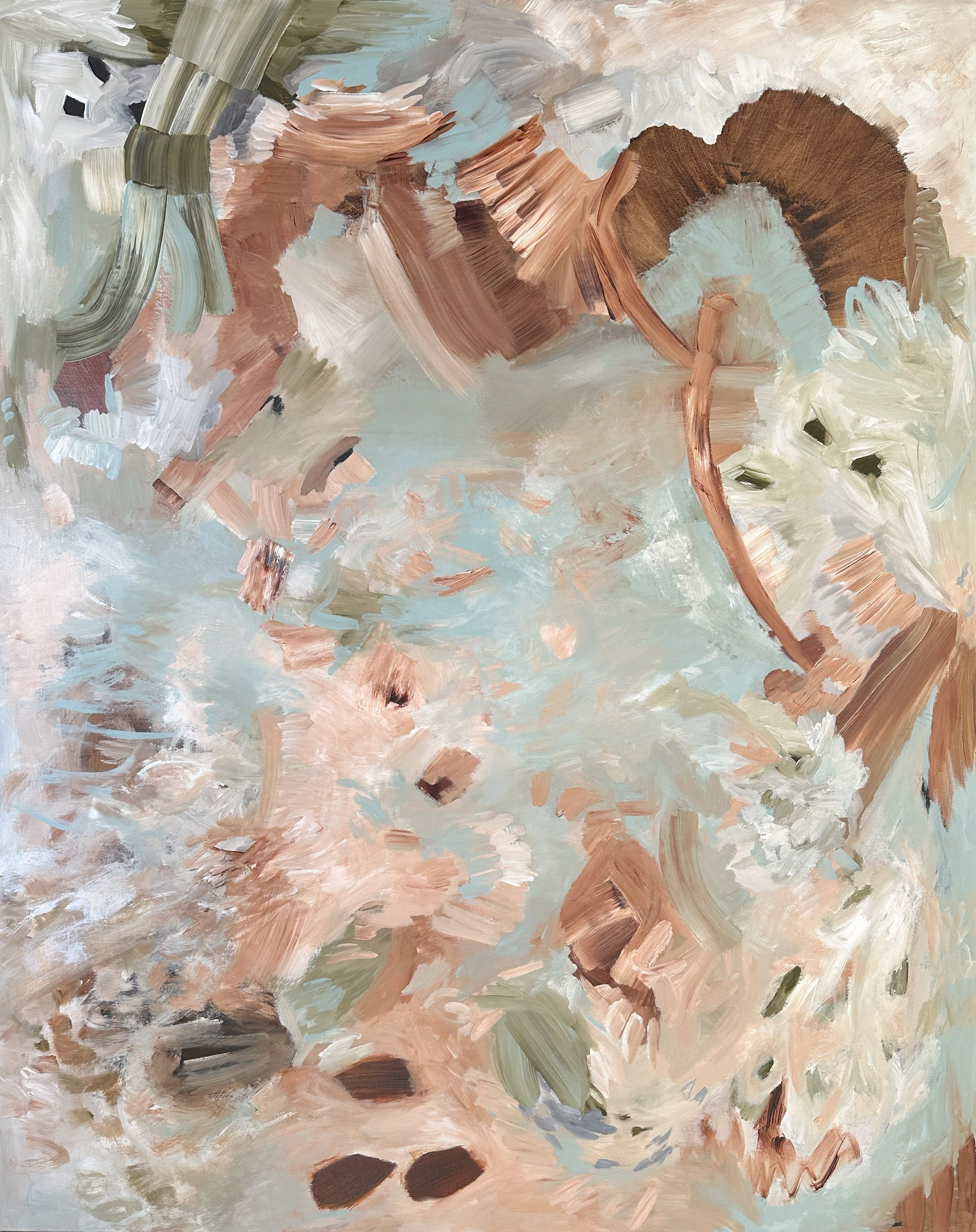 A contemporary abstract painting The Promise by Kylie Sams with expressive brushstrokes in soft beige, brown, pale blue, white, and muted green tones.