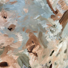 Close-up detail of an abstract expressionist painting with gestural brushstrokes in brown, beige, white, olive green and pale blue, featuring organic forms and mark-making.