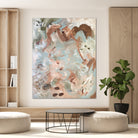 Large abstract painting with soft pastel blue, beige, brown, olive green and white brushstrokes in expressive style, displayed in a modern living room setting.