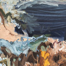 Close-up detail of abstract painting with expressive, gestural brush strokes