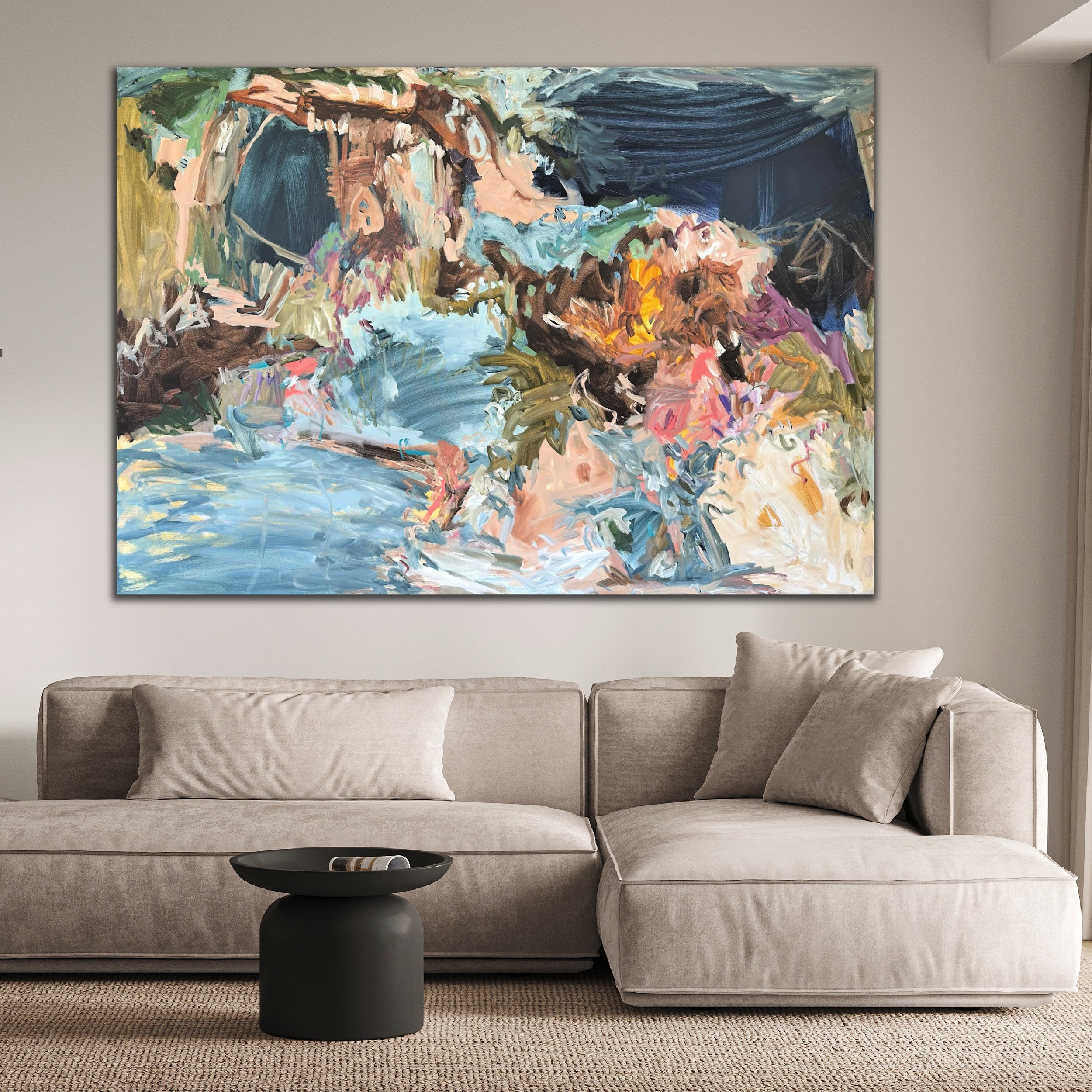 Large expressive abstract landscape painting with botanical elements hanging on wall in modern living room