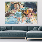 Large colourful abstract painting hanging above sofa on wall in modern living room