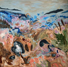 Abstract painting with a landscape of mountains and flowers.