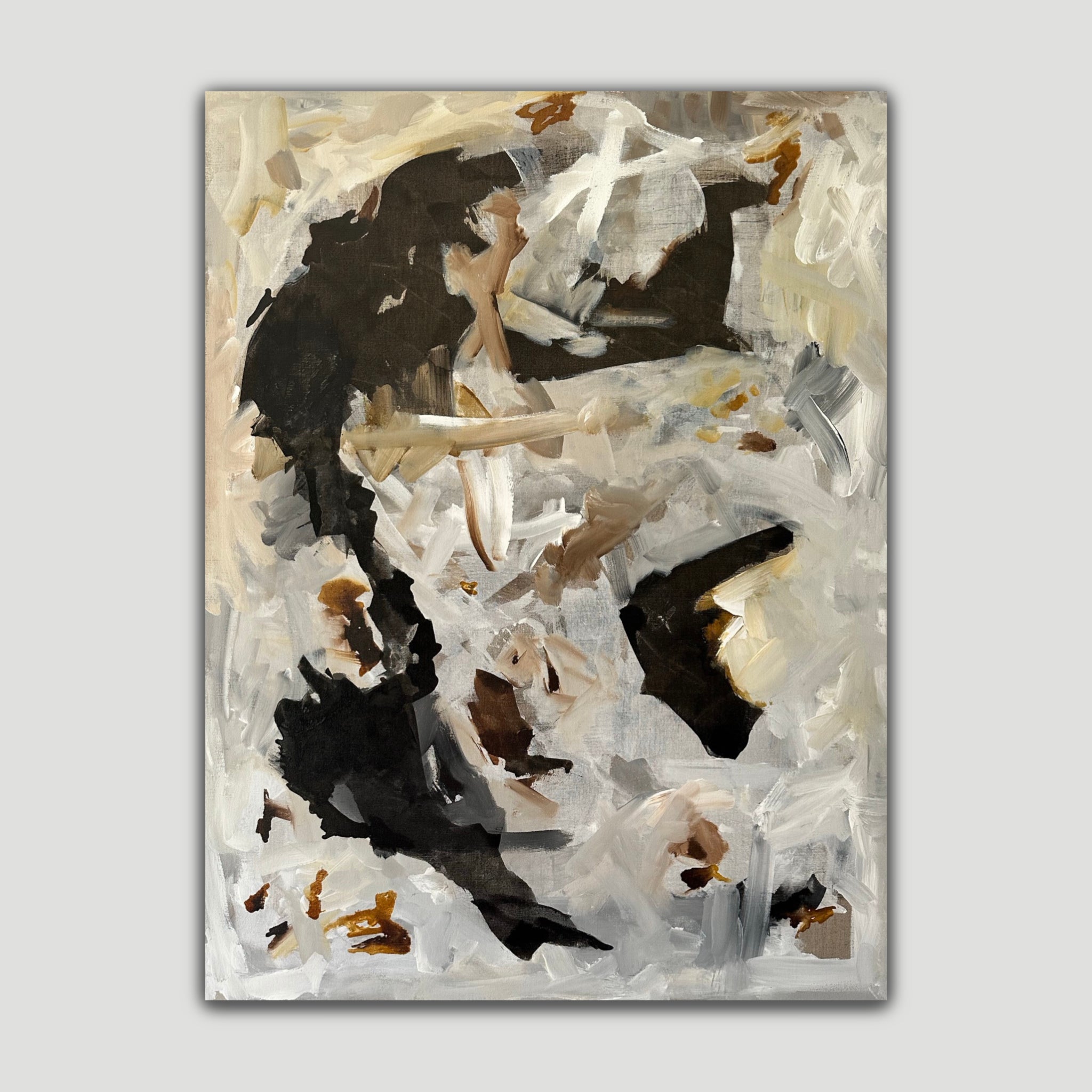 Contemporary, abstract painting "All That Surrounds Us" in black and neutral colours that speaks to emotion and personal reflection - front view