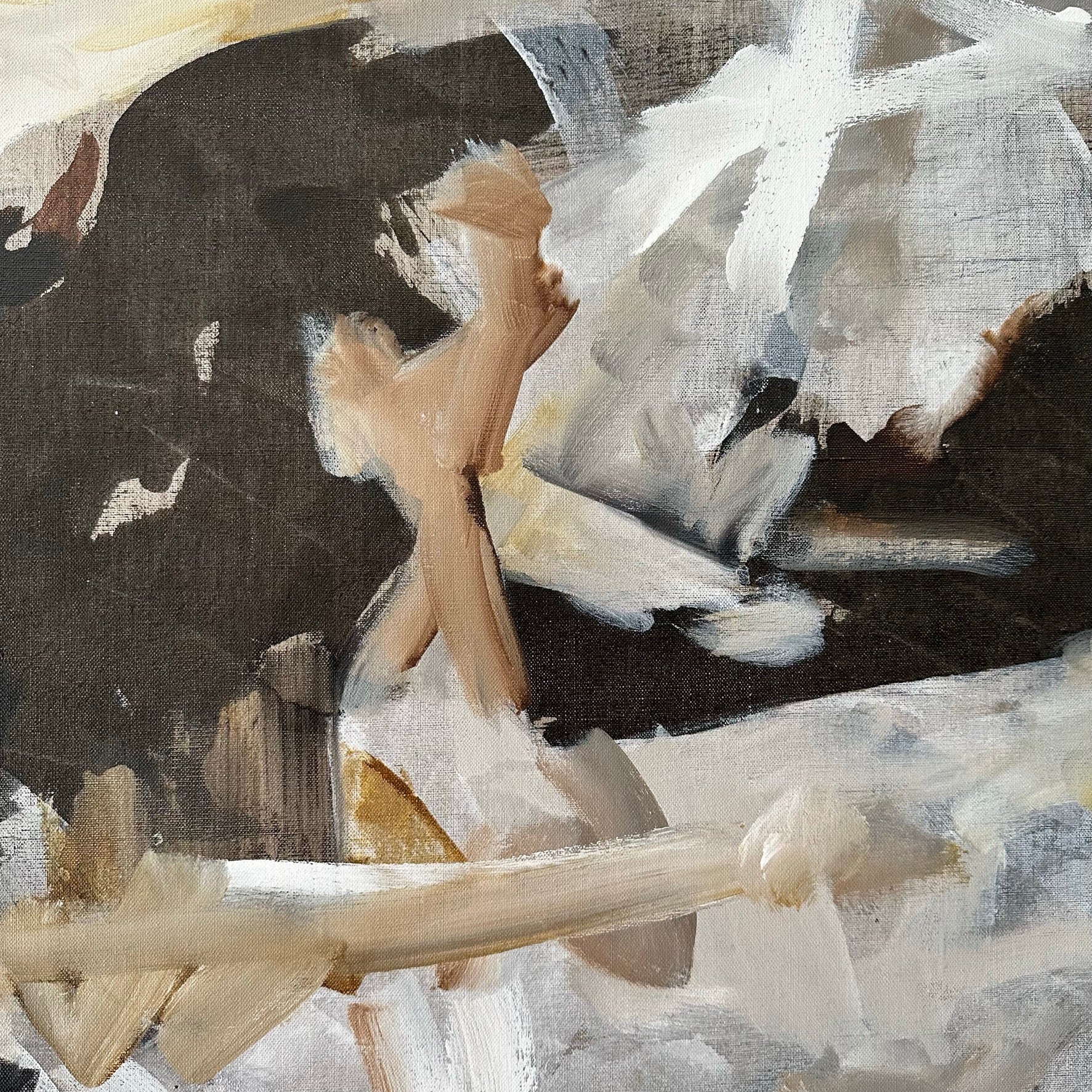 Close-up detail of expressive abstract painting on linen canvas showing expressive mark-making in black and natural tones 